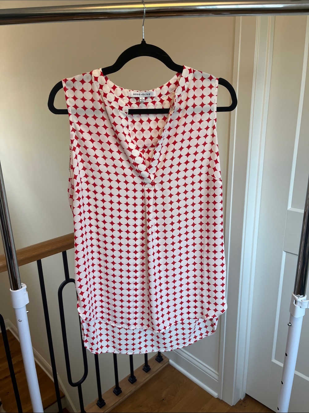 Rose + Olive Red and White Geometric Sleeveless V-Neck Blouse